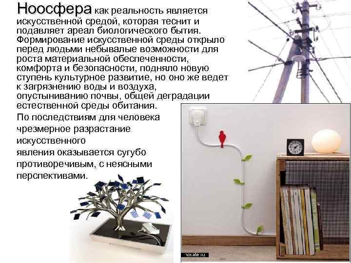 Ноосфера как реальность является искусственной средой, которая теснит и подавляет ареал биологического бытия. Формирование