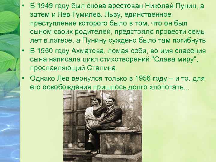  • В 1949 году был снова арестован Николай Пунин, а затем и Лев