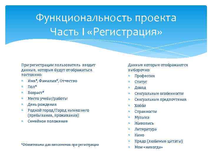 Функциональность проекта Часть I «Регистрация» При регистрации пользователь вводит данные, которые будут отображаться постоянно: