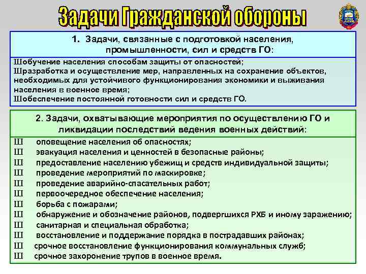 1. Задачи, связанные с подготовкой населения, промышленности, сил и средств ГО: Шобучение населения способам