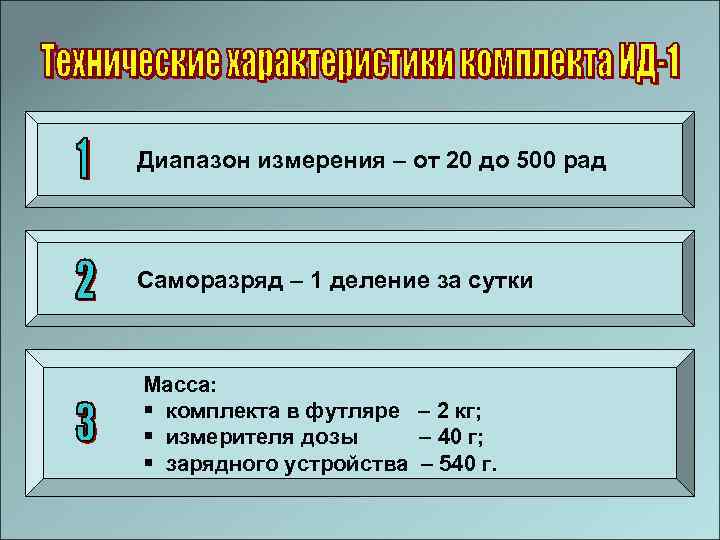 Диапазон измерения – от 20 до 500 рад Саморазряд – 1 деление за сутки