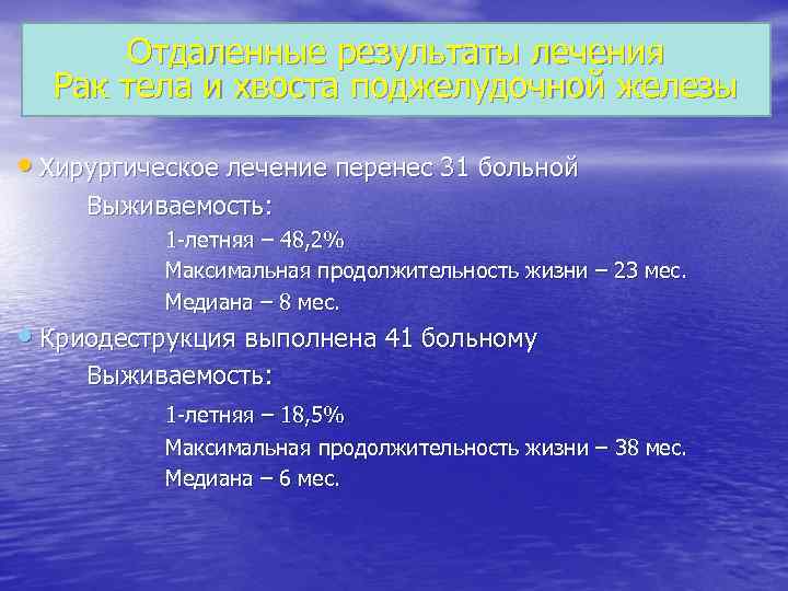 Отдаленные результаты лечения Рак тела и хвоста поджелудочной железы Хирургическое лечение перенес 31 больной