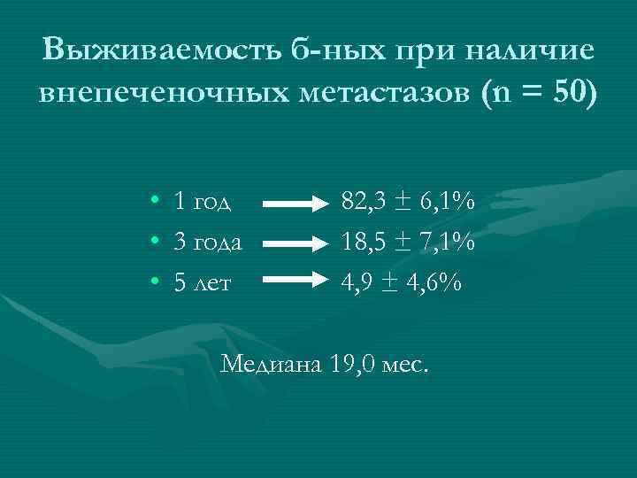 Выживаемость б-ных при наличие внепеченочных метастазов (n = 50) • • • 1 год