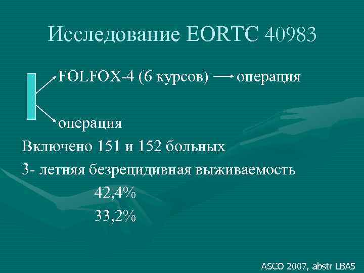 Исследование EORTC 40983 FOLFOX-4 (6 курсов) операция Включено 151 и 152 больных 3 -