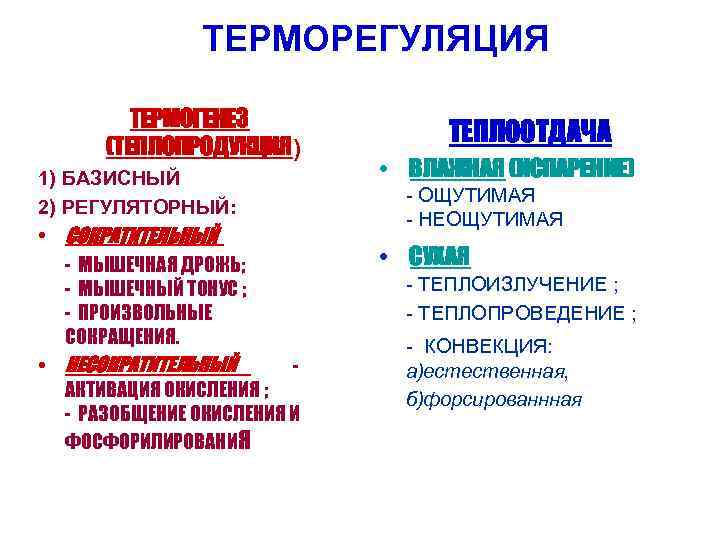 ТЕРМОРЕГУЛЯЦИЯ ТЕРМОГЕНЕЗ (ТЕПЛОПРОДУКЦИЯ) 1) БАЗИСНЫЙ 2) РЕГУЛЯТОРНЫЙ: • СОКРАТИТЕЛЬНЫЙ - МЫШЕЧНАЯ ДРОЖЬ; - МЫШЕЧНЫЙ