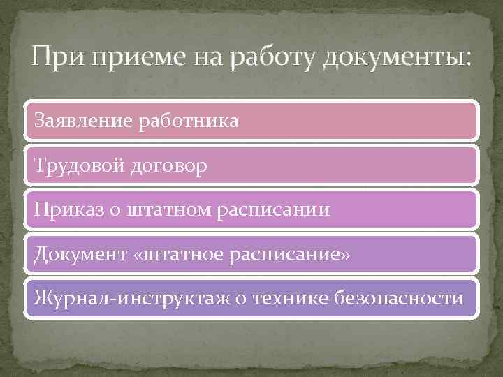 При приеме на работу документы: Заявление работника Трудовой договор Приказ о штатном расписании Документ