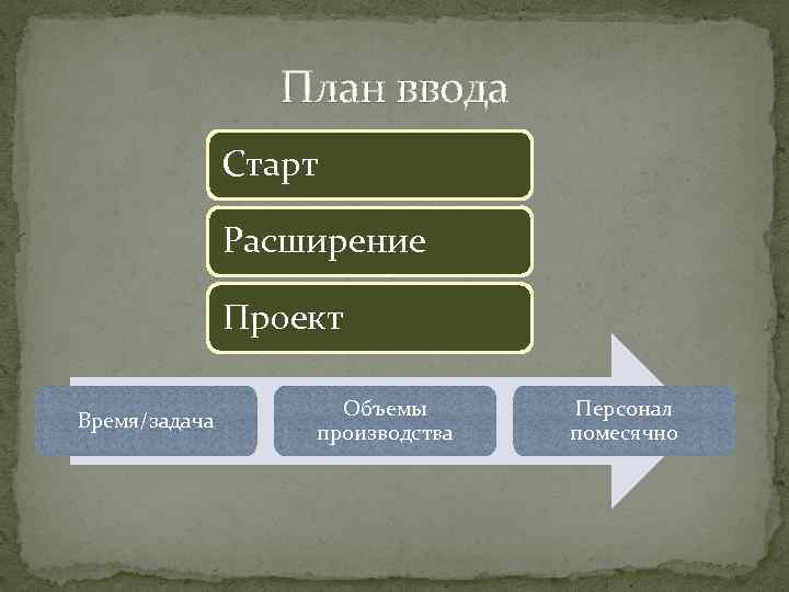 План ввода Старт Расширение Проект Время/задача Объемы производства Персонал помесячно 