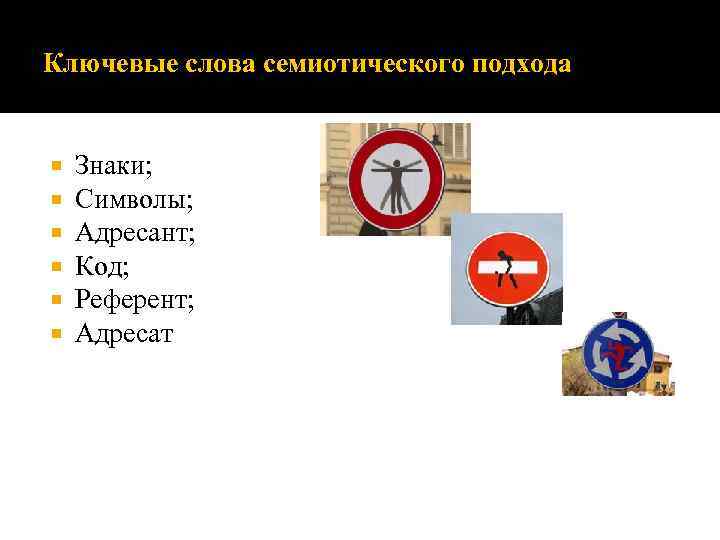 Ключевые слова семиотического подхода Знаки; Символы; Адресант; Код; Референт; Адресат 