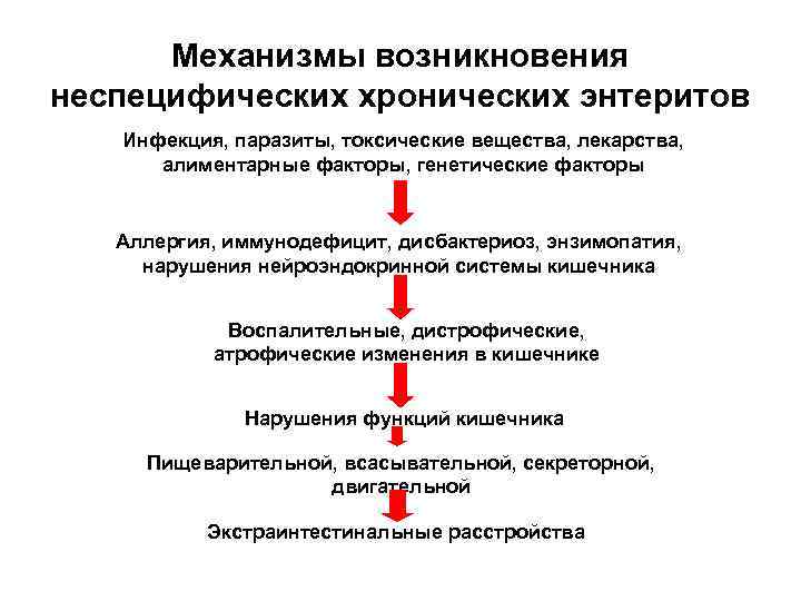 Механизмы возникновения неспецифических хронических энтеритов Инфекция, паразиты, токсические вещества, лекарства, алиментарные факторы, генетические факторы
