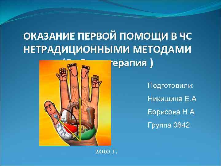 ОКАЗАНИЕ ПЕРВОЙ ПОМОЩИ В ЧС НЕТРАДИЦИОННЫМИ МЕТОДАМИ (Су Джок терапия ) Подготовили: Никишина Е.