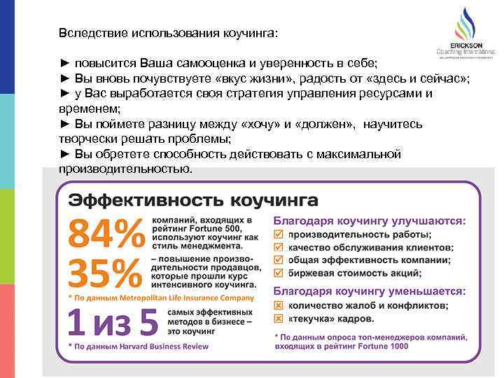 Вследствие использования коучинга: ► повысится Ваша самооценка и уверенность в себе; ► Вы вновь