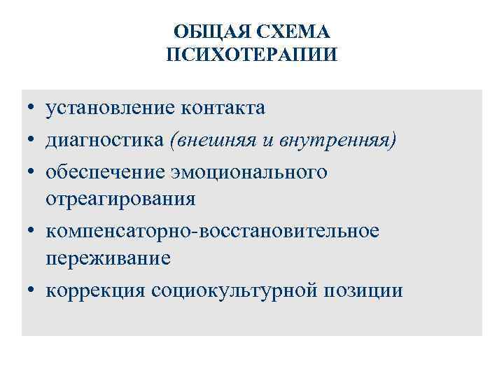 ОБЩАЯ СХЕМА ПСИХОТЕРАПИИ • установление контакта • диагностика (внешняя и внутренняя) • обеспечение эмоционального