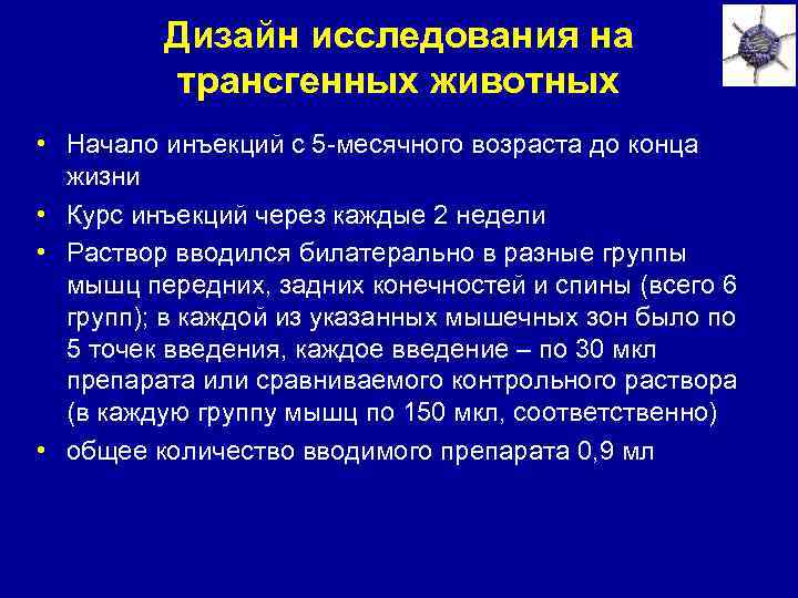 Дизайн исследования на трансгенных животных • Начало инъекций с 5 -месячного возраста до конца