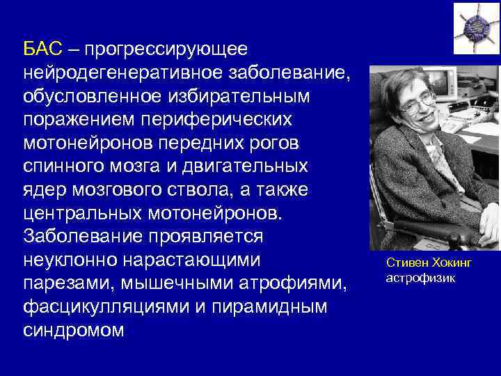 БАС – прогрессирующее нейродегенеративное заболевание, обусловленное избирательным поражением периферических мотонейронов передних рогов спинного мозга