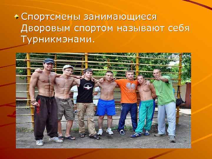 Спортсмены занимающиеся Дворовым спортом называют себя Турникмэнами. 