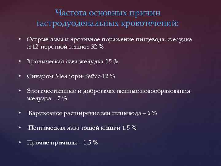 Частота основных причин гастродуоденальных кровотечений: • Острые язвы и эрозивное поражение пищевода, желудка и