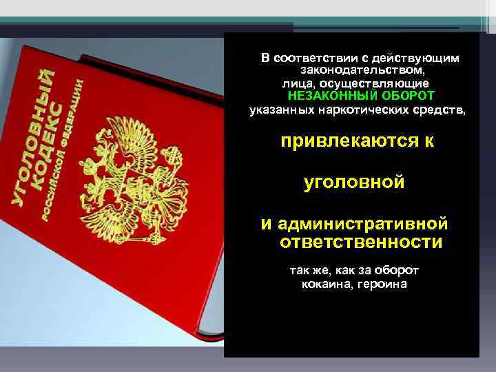  В соответствии с действующим законодательством, лица, осуществляющие НЕЗАКОННЫЙ ОБОРОТ указанных наркотических средств, привлекаются