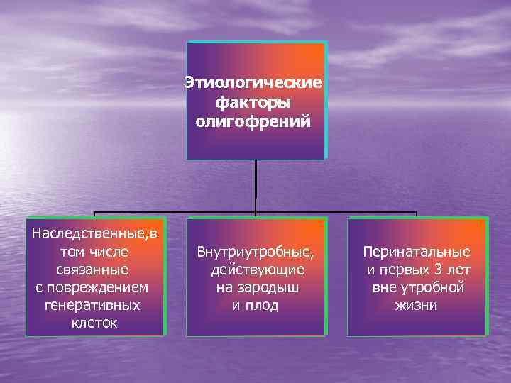 Этиологические факторы олигофрений Наследственные, в том числе связанные с повреждением генеративных клеток Внутриутробные, действующие