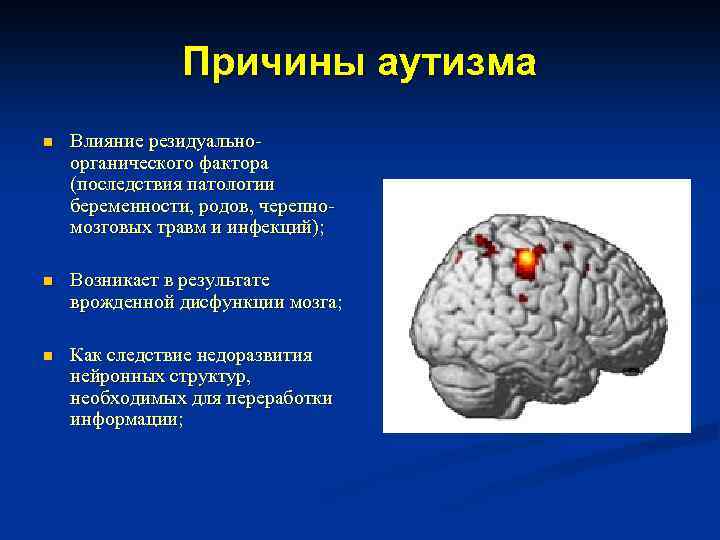 Причины аутизма n Влияние резидуальноорганического фактора (последствия патологии беременности, родов, черепномозговых травм и инфекций);