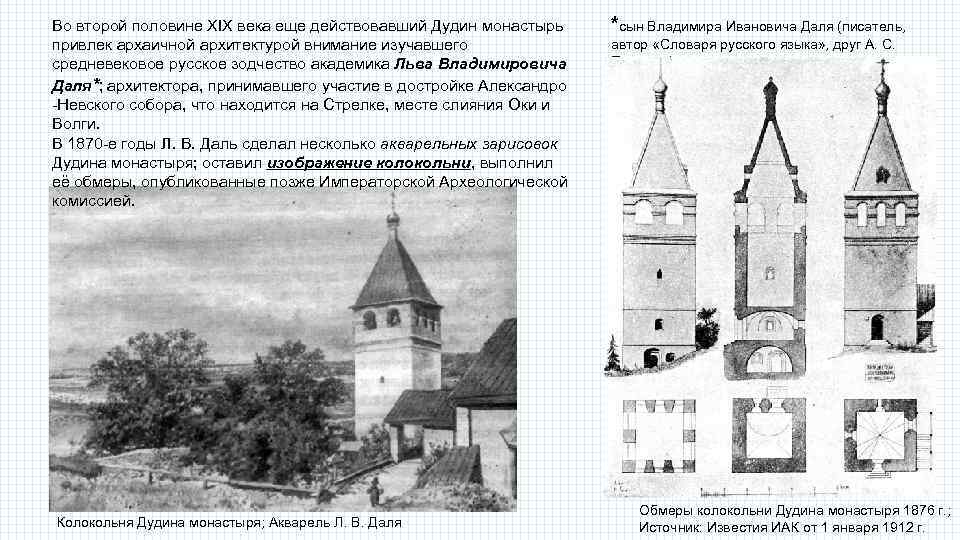 Во второй половине XIX века еще действовавший Дудин монастырь привлек архаичной архитектурой внимание изучавшего