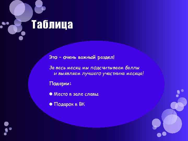 Таблица Это – очень важный раздел! За весь месяц мы подсчитываем баллы и выявляем