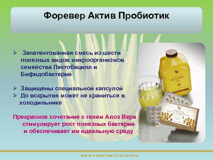 Форевер Актив Пробиотик Ø Запатентованная смесь из шести полезных видов микроорганизмов семейства Лактобацилл и