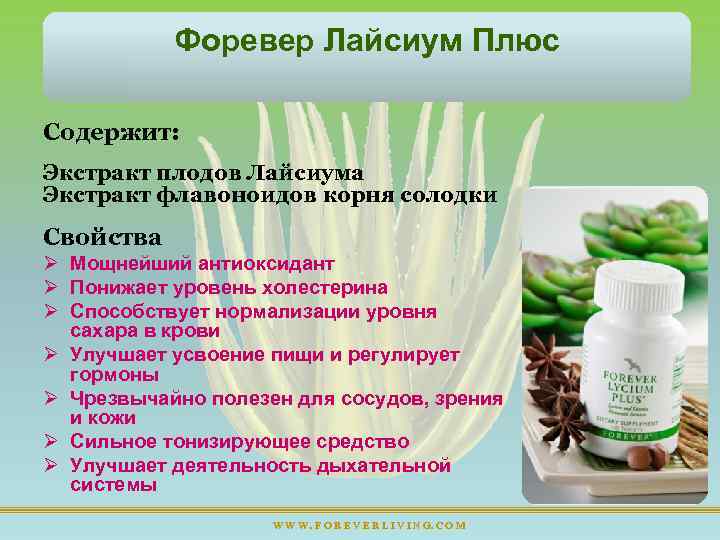 Форевер Лайсиум Плюс Содержит: Экстракт плодов Лайсиума Экстракт флавоноидов корня солодки Свойства Ø Мощнейший
