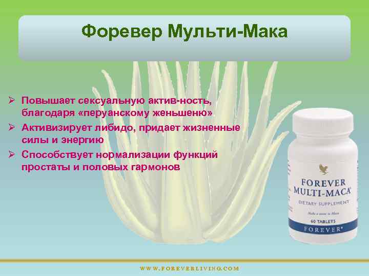 Форевер Мульти Мака Ø Повышает сексуальную актив ность, благодаря «перуанскому женьшеню» Ø Активизирует либидо,