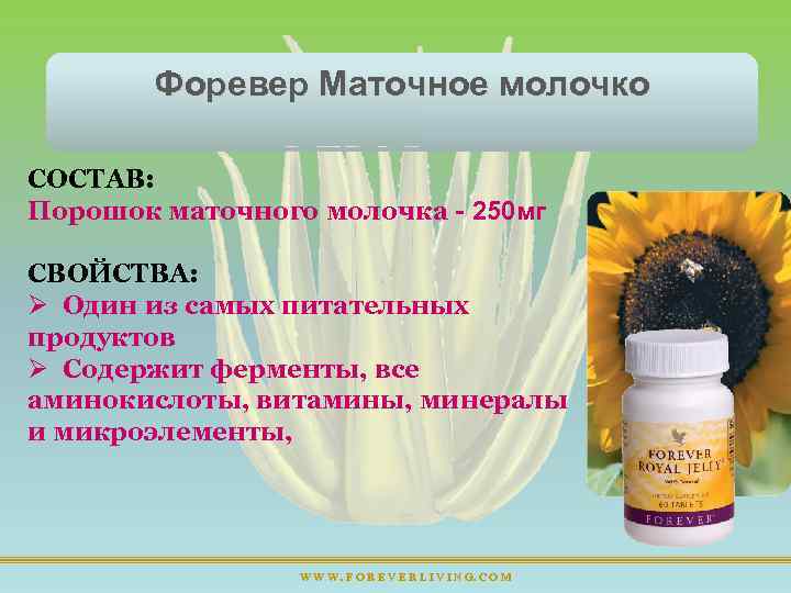 Форевер Маточное молочко СОСТАВ: Порошок маточного молочка - 250 мг СВОЙСТВА: Ø Один из