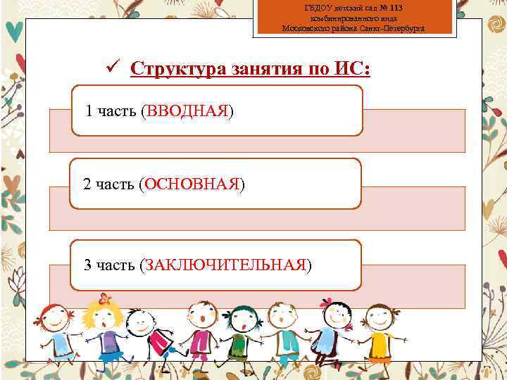 ГБДОУ детский сад № 113 комбинированного вида Московского района Санкт-Петербурга ü Структура занятия по