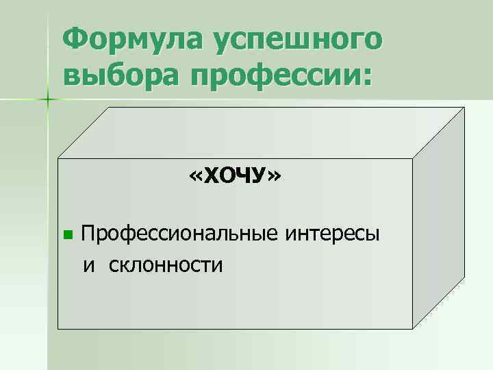 Формула успешного выбора профессии: «ХОЧУ» n Профессиональные интересы и склонности 