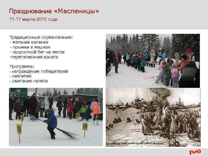  Празднование «Масленицы» 11 -17 марта 2013 года Традиционные соревнования: - метание валенка -