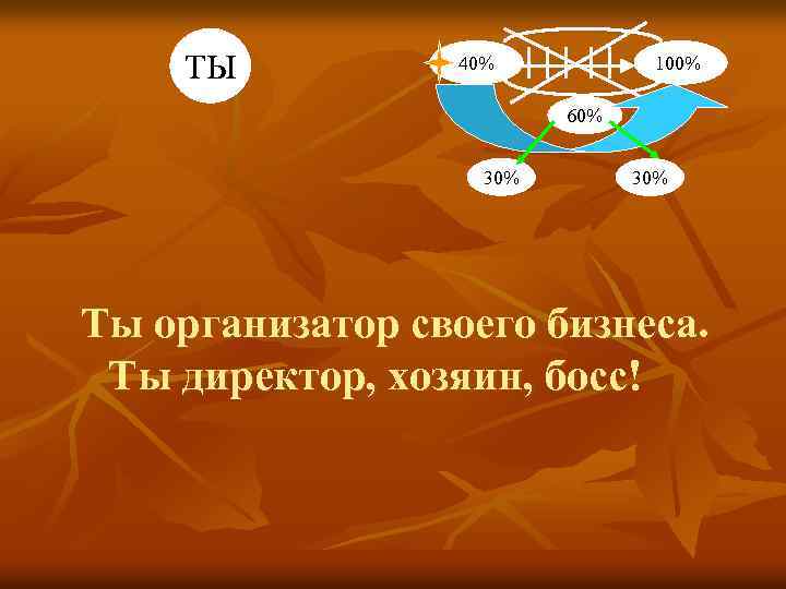 ТЫ 40% 100% 60% 30% Ты организатор своего бизнеса. Ты директор, хозяин, босс! 
