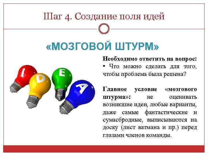 Шаг 4. Создание поля идей «МОЗГОВОЙ ШТУРМ» Необходимо ответить на вопрос: • Что можно