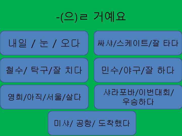 -(으)ㄹ 거예요 내일 / 눈 / 오다 싸샤/스케이트/잘 타다 철수/ 탁구/잘 치다 민수/야구/잘 하다