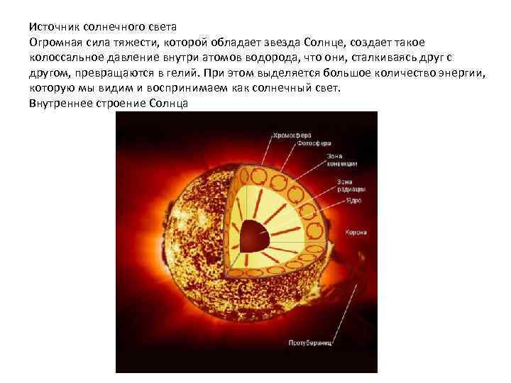 Источник солнечного света Огромная сила тяжести, которой обладает звезда Солнце, создает такое колоссальное давление