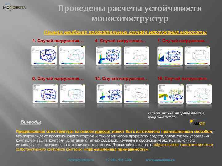 Проведены расчеты устойчивости моносотоструктур Пример наиболее показательных случаев нагружения моносоты 1. Случай нагружения… 4.
