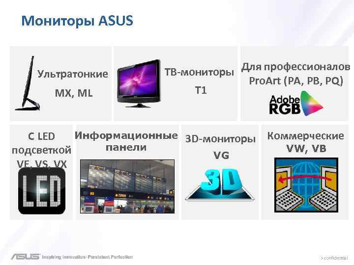 Мониторы ASUS Ультратонкие MX, ML ТВ-мониторы Для профессионалов Pro. Art (PA, PB, PQ) T
