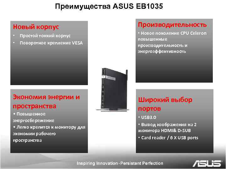 Преимущества ASUS EB 1035 Новый корпус • • Простой тонкий корпус Поворотное крепление VESA