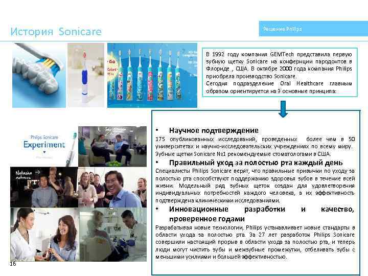 История Sonicare Решение Philips В 1992 году компания GEMTech представила первую зубную щетку Sonicare