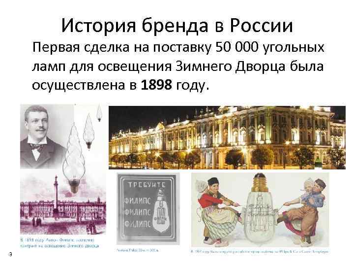 История бренда в России Первая сделка на поставку 50 000 угольных ламп для освещения
