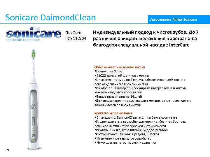 Sonicare Daimond. Clean Flex. Care HX 9112/04 Ассортимент Philips Sonicare Индивидуальный подход к чистке