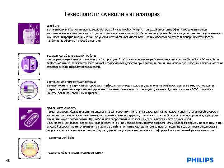 Технологии и функции в эпиляторах Wet&Dry В эпиляторах Philips появилась возможность сухой и влажной