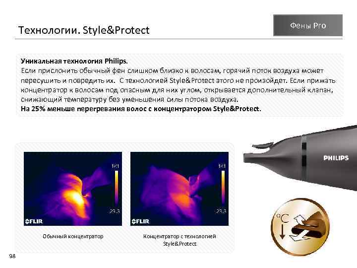 Технологии. Style&Protect Фены Pro Уникальная технология Philips. Если прислонить обычный фен слишком близко к