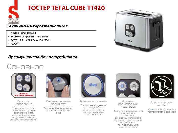 ТОСТЕР TEFAL CUBE TT 420 Технические характеристики: § § поддон для крошек термоизолированные стенки