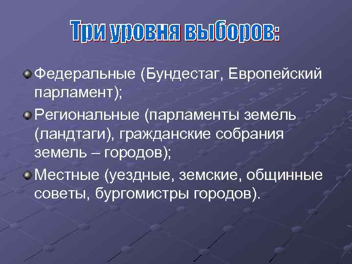 Федеральные (Бундестаг, Европейский парламент); Региональные (парламенты земель (ландтаги), гражданские собрания земель – городов); Местные