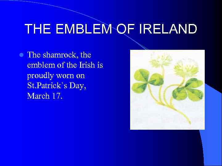 THE EMBLEM OF IRELAND l The shamrock, the emblem of the Irish is proudly