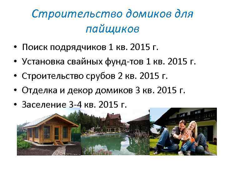 Строительство домиков для пайщиков • • • Поиск подрядчиков 1 кв. 2015 г. Установка