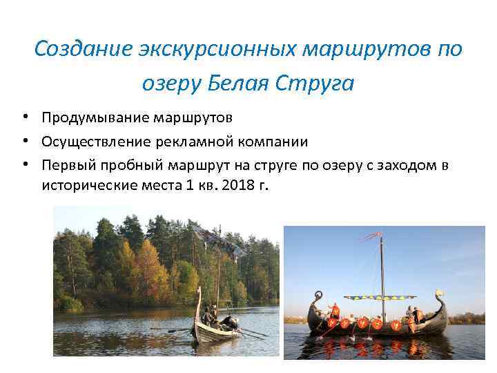Создание экскурсионных маршрутов по озеру Белая Струга • Продумывание маршрутов • Осуществление рекламной компании
