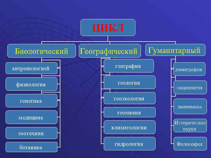 ЦИКЛ Биологический Географический антропологией география физиология генетика Гуманитарный геоэкология медицина зоотехния ботаника геохимия демография